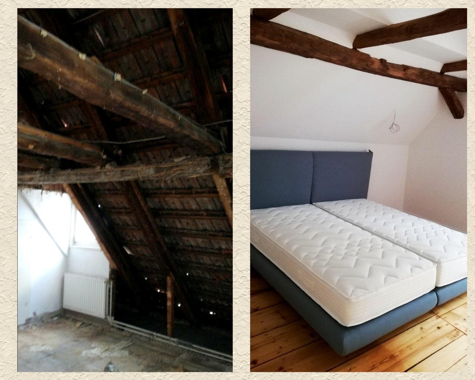 Vorher-Nachher: vom alten Dachstuhl zum modernen Schlafzimmer mit sichtbaren Altholzbalken